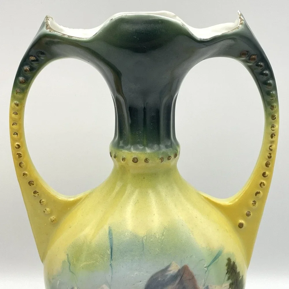 Antique Pair German Porcelain Scenic Mountain Landscape Double Handle Vases 10